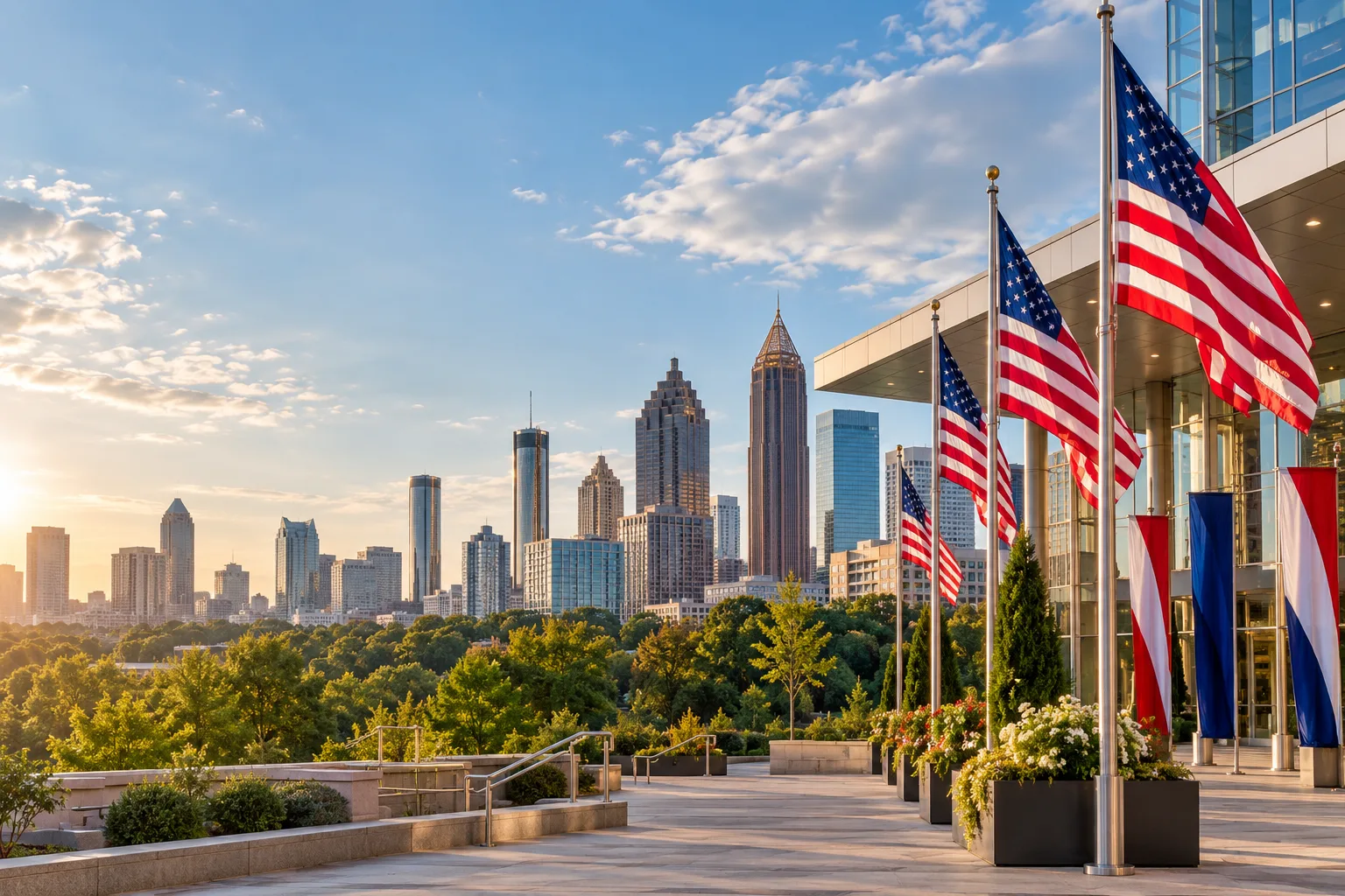 Concept visualization of a professional American flag rental display with the recognizable Atlanta, GA cityscape