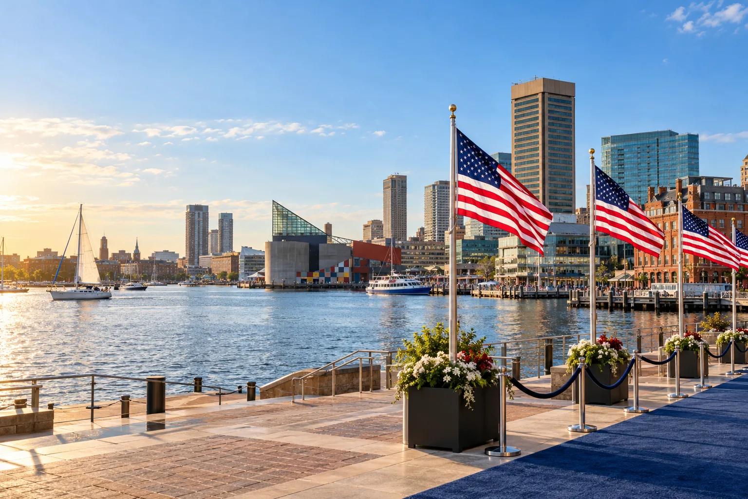 Concept visualization of a professional American flag rental display with the recognizable Baltimore, MD cityscape