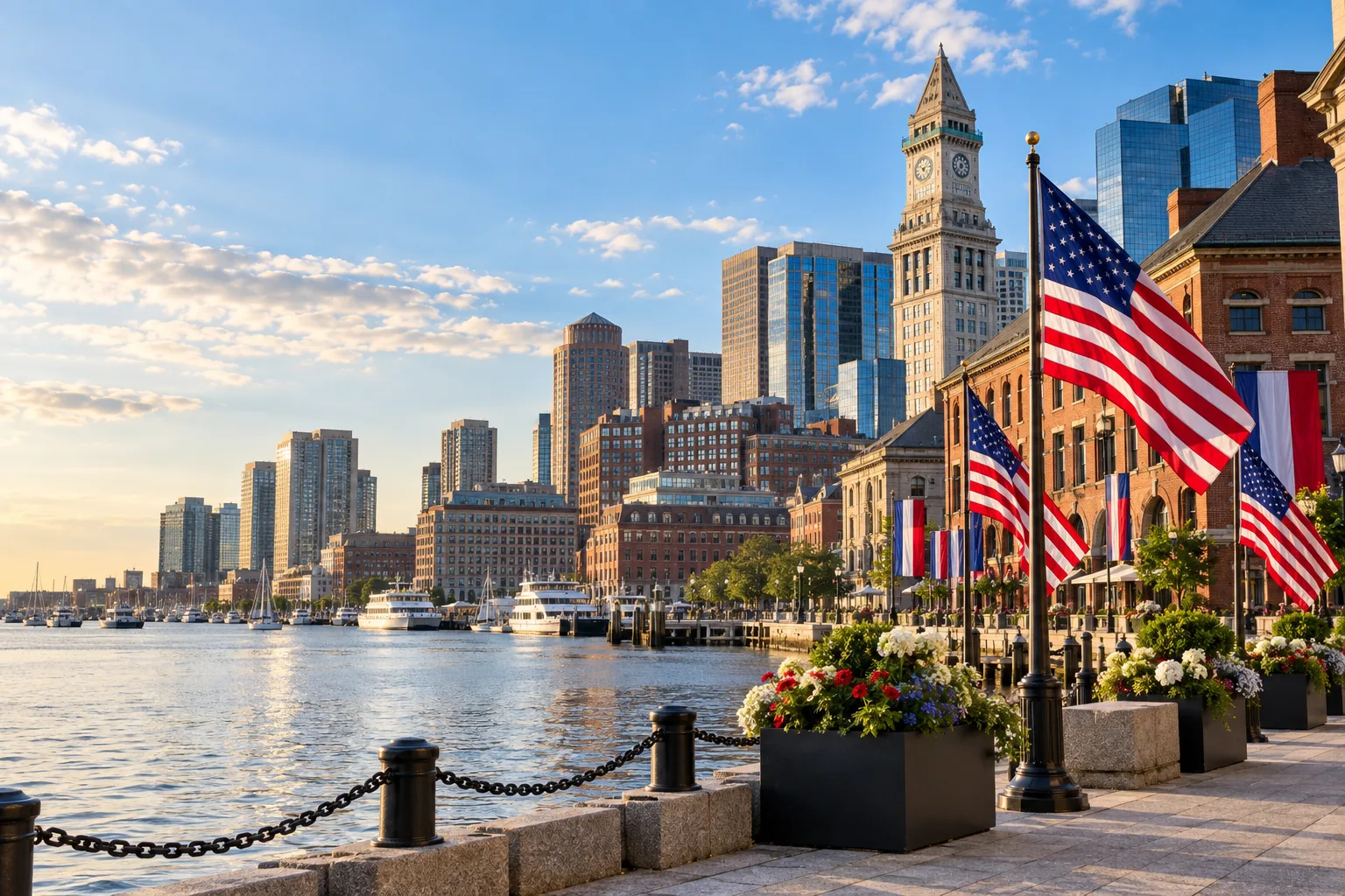 Concept visualization of a professional American flag rental display with the recognizable Boston, MA cityscape