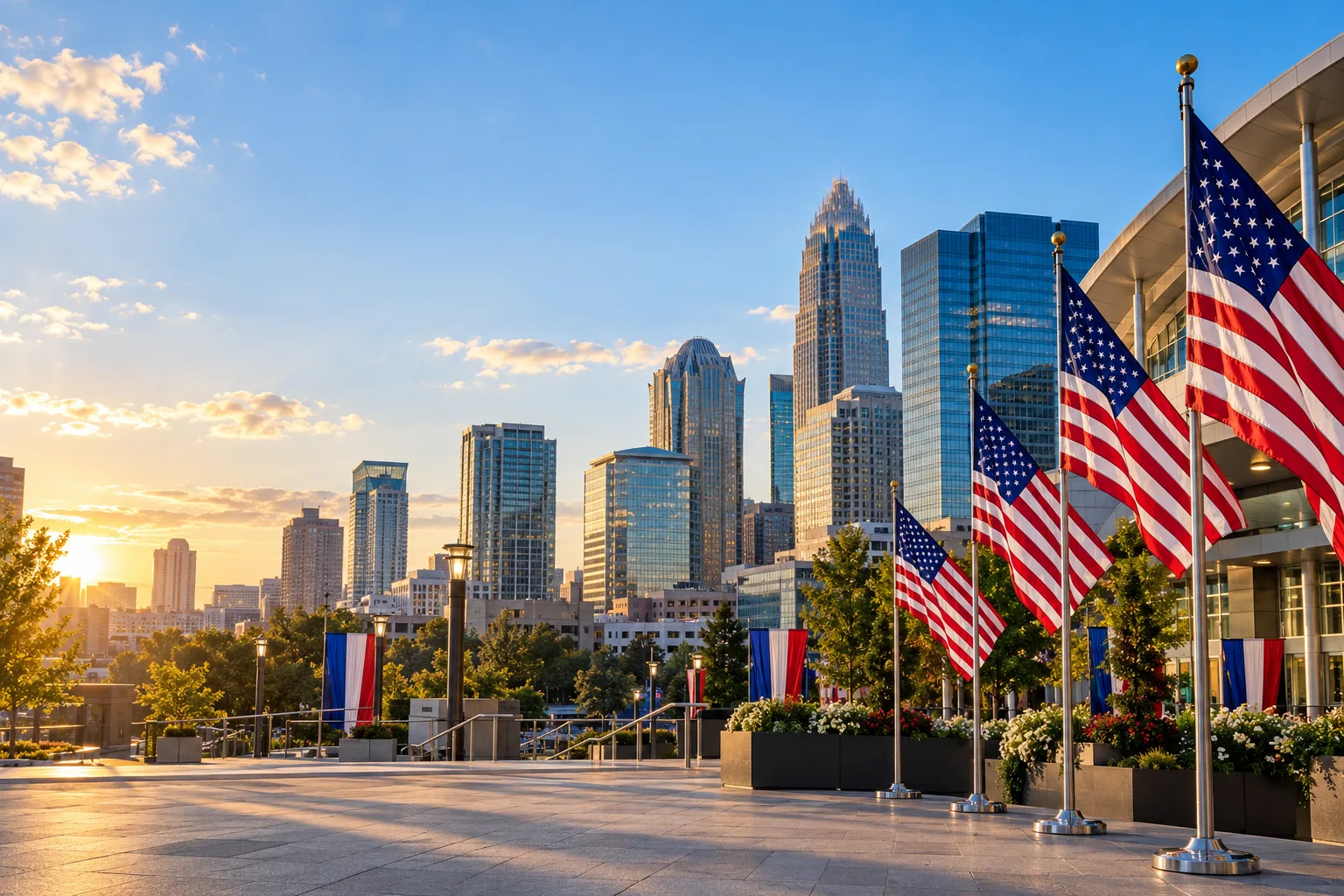 Concept visualization of a professional American flag rental display with the recognizable Charlotte, NC cityscape
