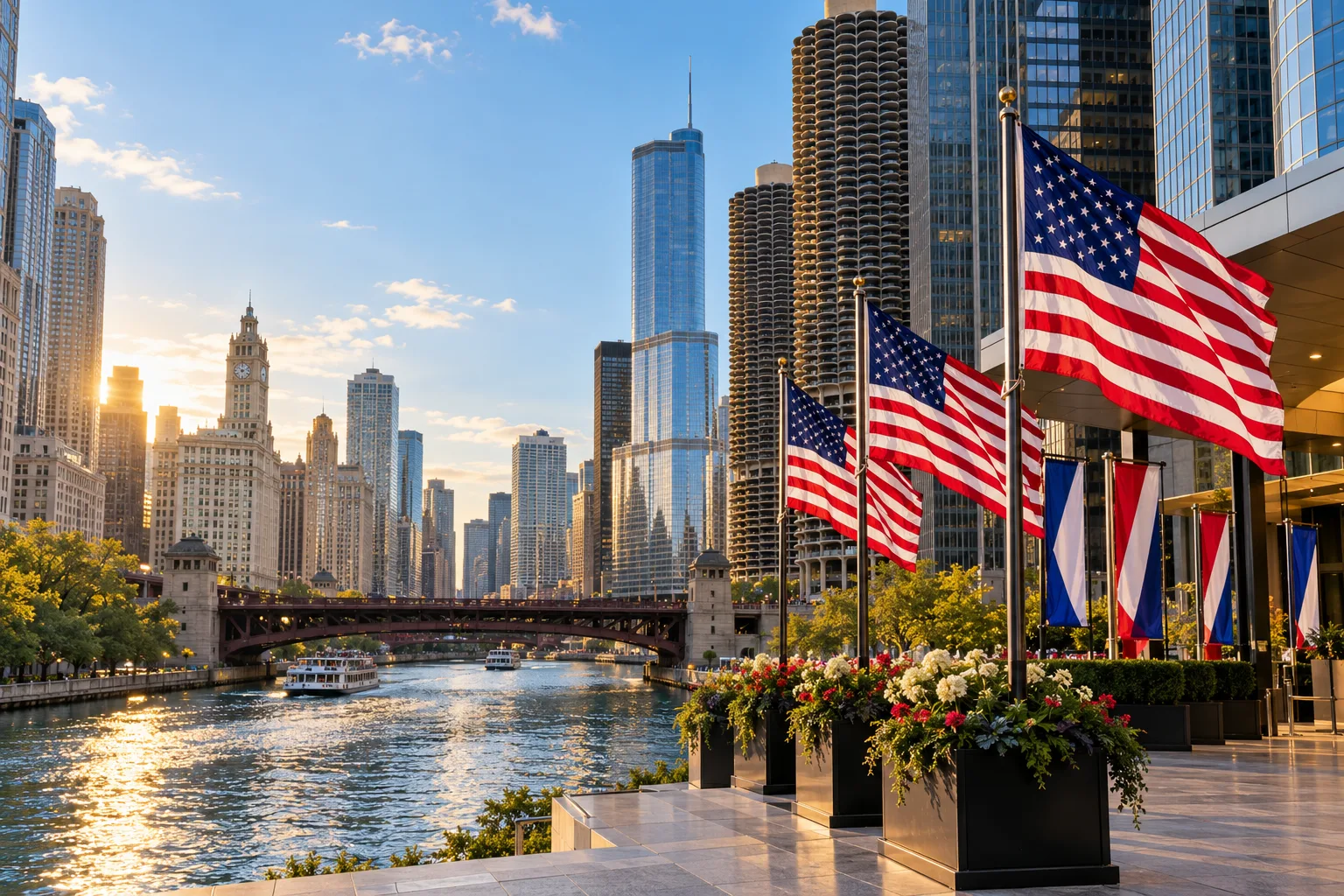 Concept visualization of a professional American flag rental display with the recognizable Chicago, IL cityscape