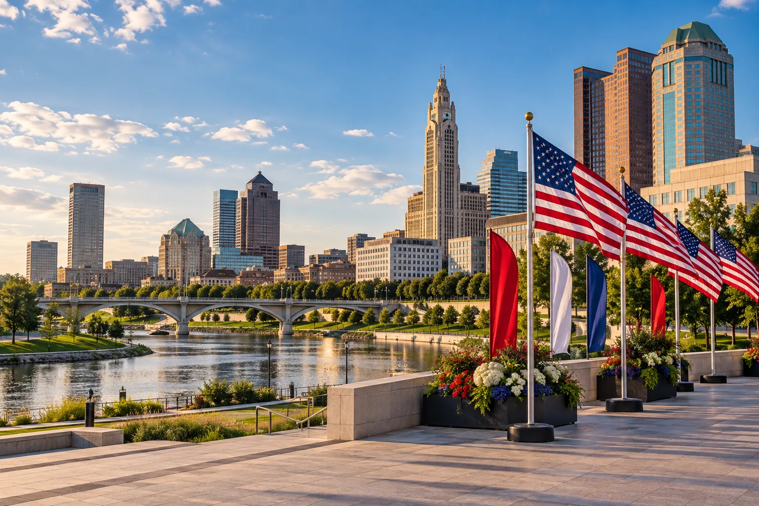 Concept visualization of a professional American flag rental display with the recognizable Columbus, OH cityscape