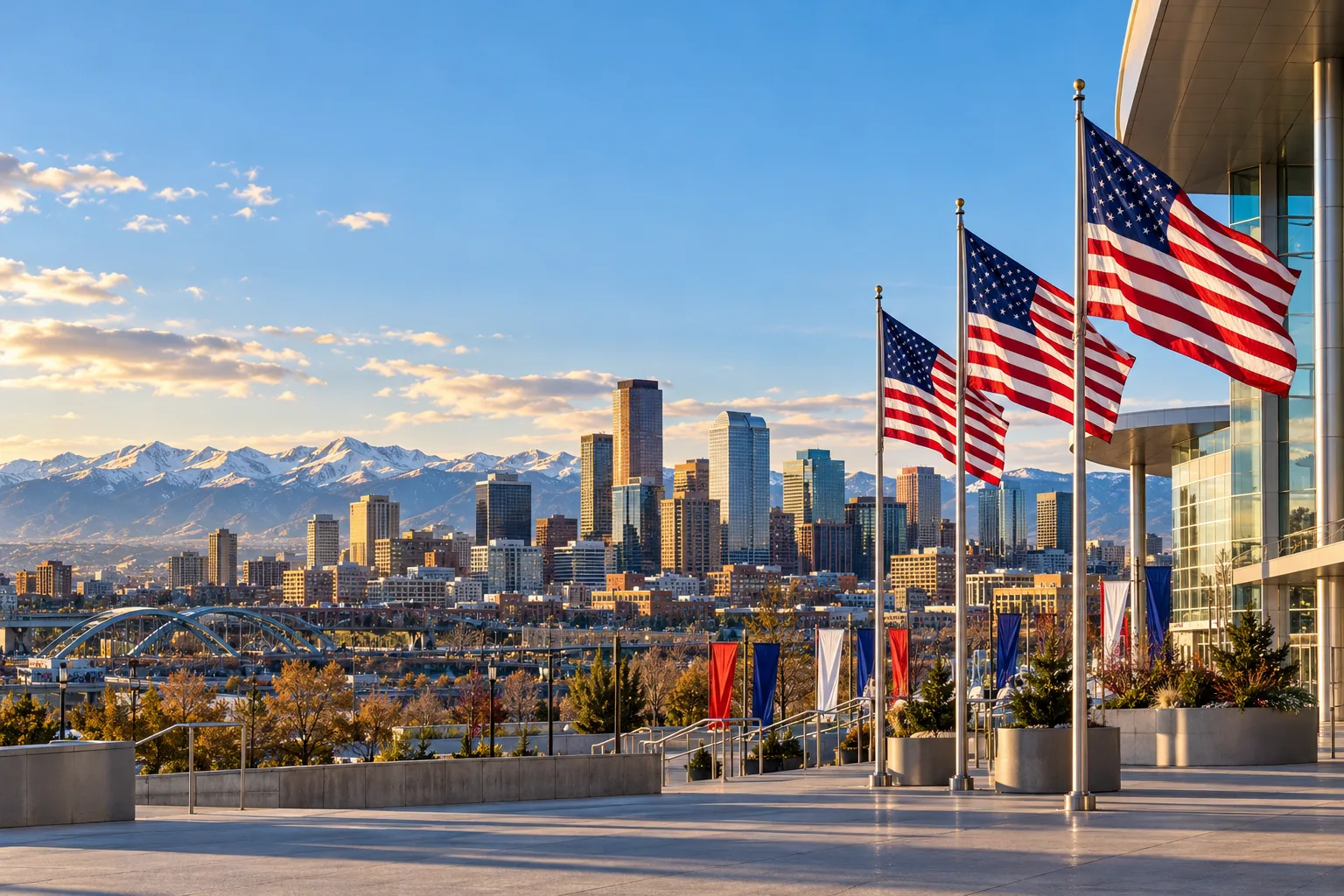 Concept visualization of a professional American flag rental display with the recognizable Denver, CO cityscape