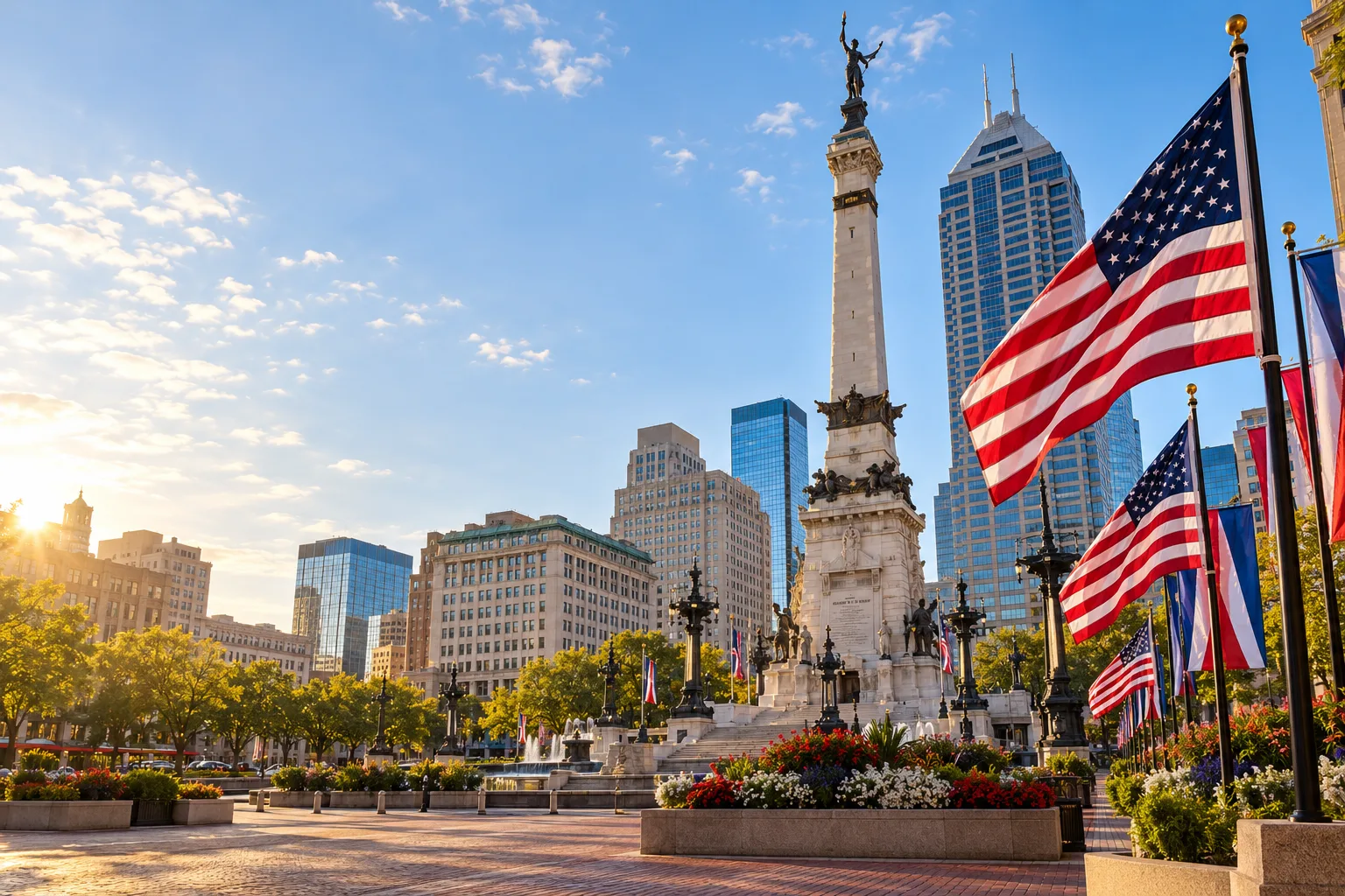 Concept visualization of a professional American flag rental display with the recognizable Indianapolis, IN cityscape