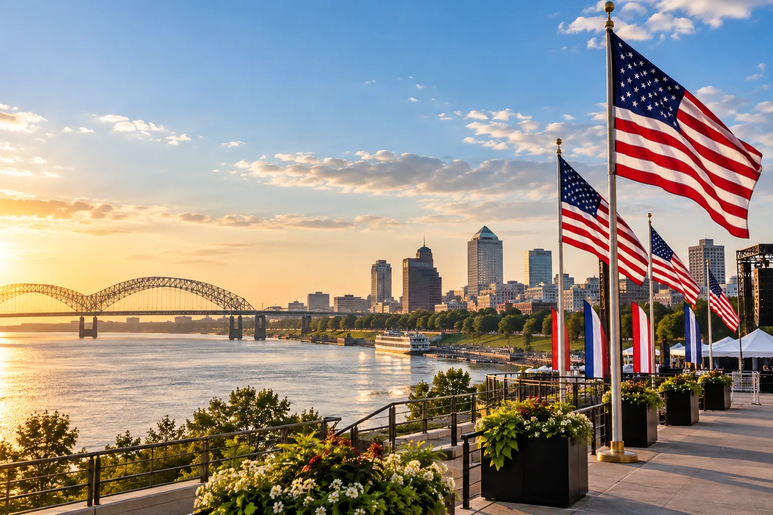 Concept visualization of a professional American flag rental display with the recognizable Memphis, TN cityscape