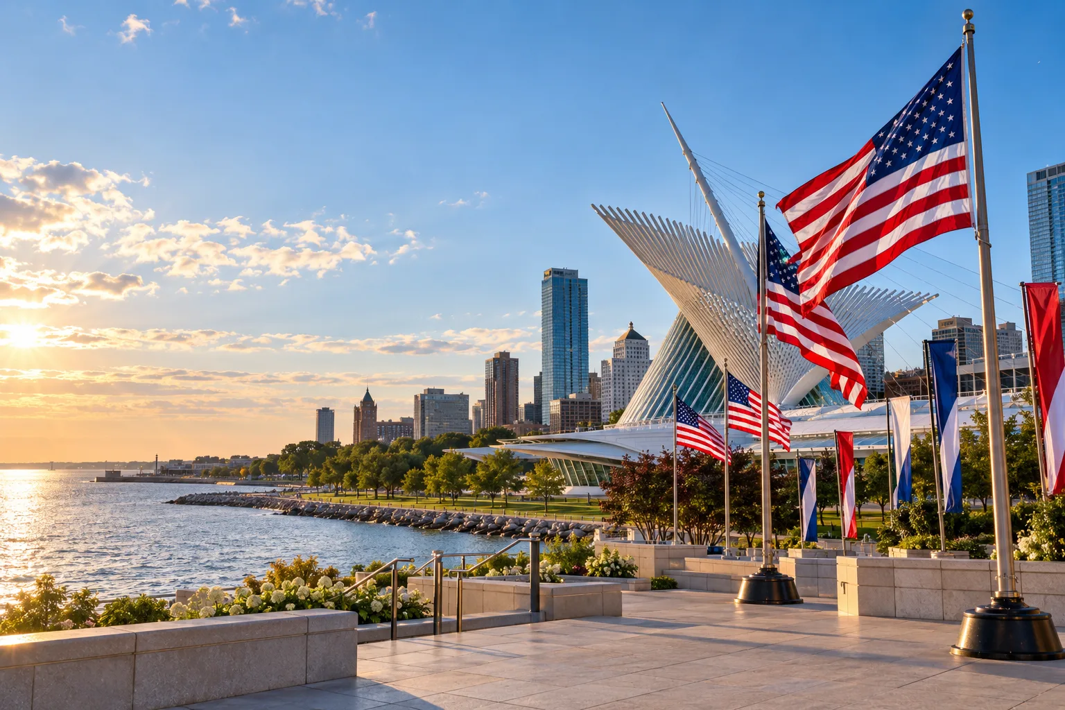 Concept visualization of a professional American flag rental display with the recognizable Milwaukee, WI cityscape
