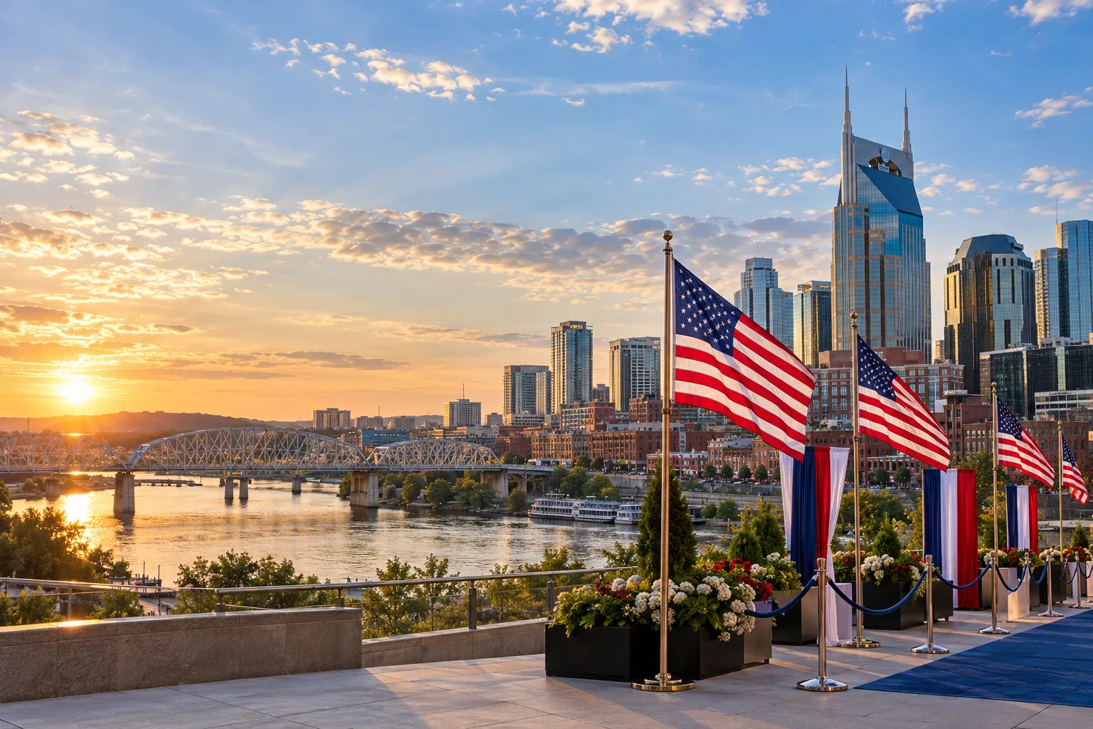 Concept visualization of a professional American flag rental display with the recognizable Nashville, TN cityscape