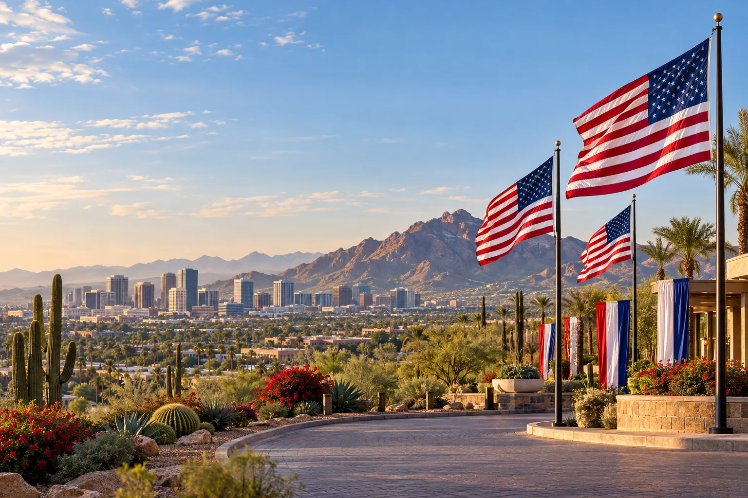 Concept visualization of a professional American flag rental display with the recognizable Phoenix, AZ cityscape