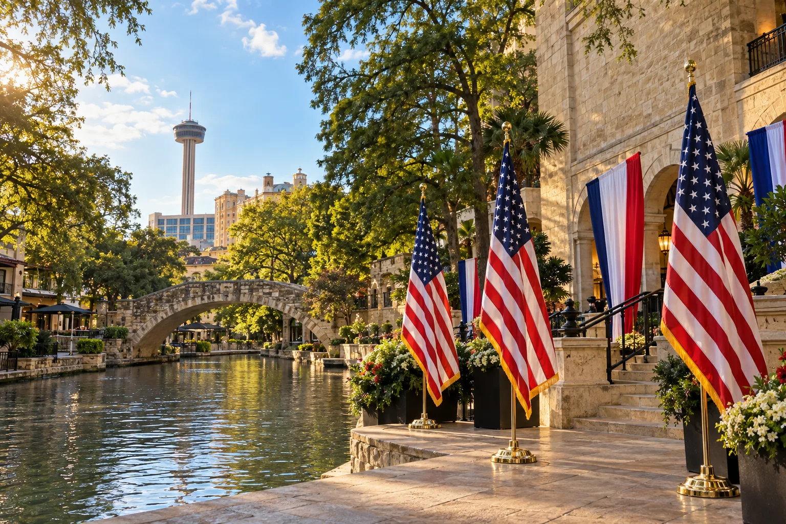 Concept visualization of a professional American flag rental display with the recognizable San Antonio, TX cityscape