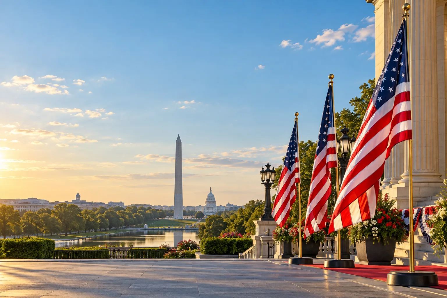 Concept visualization of a professional American flag rental display with the recognizable Washington, D.C., DC cityscape